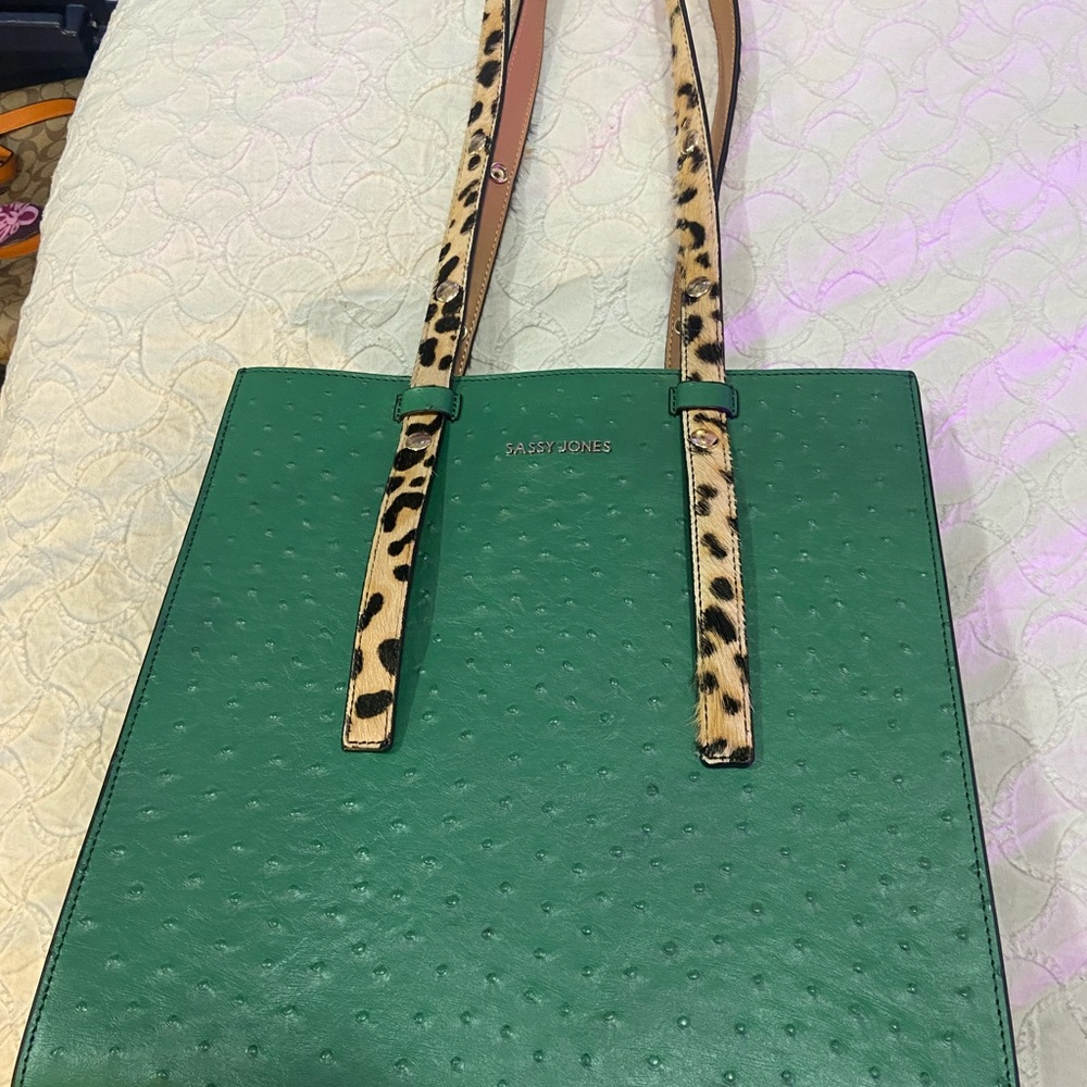 Sassy Jones Green Embossed Croc  Tote Bag with Animal Print Straps